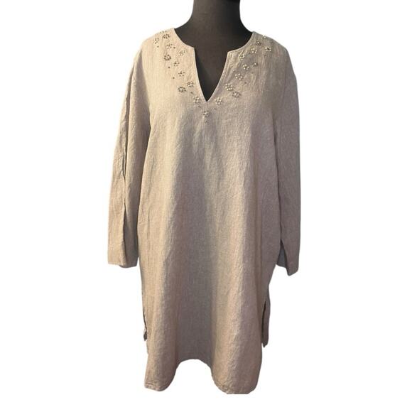 Y2K Linen Beaded Lagenlook Boho Tunic TopWomens Size 1X  Euro Summer Scandi - Picture 2 of 6